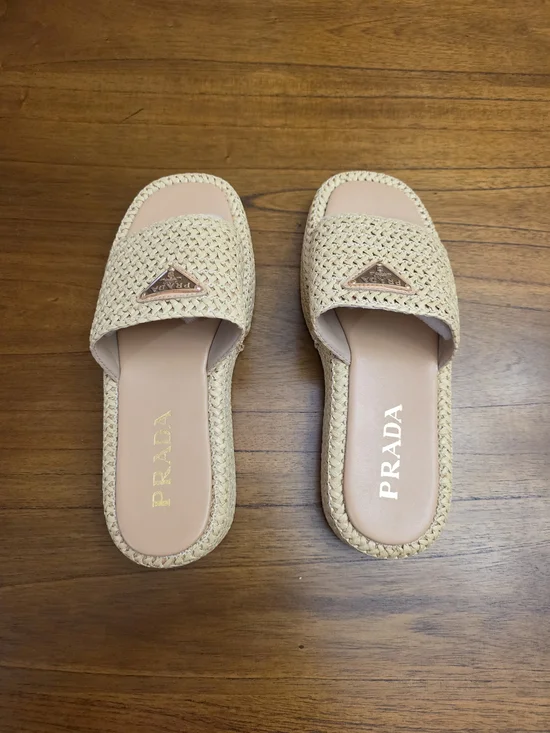 Prada Beige Woven Slide Sandals  (New) - Picture 4 of 10